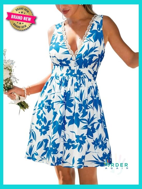 Dresses & Skirts - Women Ruffle Summer Dress Plunge V Lace Neck Smocked Waist Mini Beach Vacation